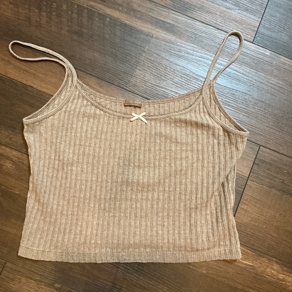 John Galt Brandy Melville Ribbed Cami Tan Brown Bow Cropped Tank Top OS Basic